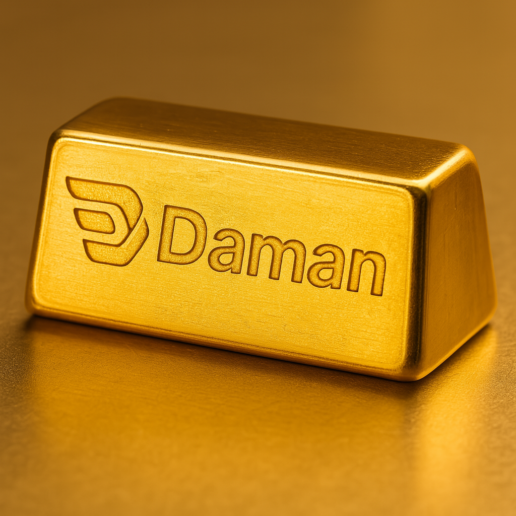 Close-up of a 4-gram 22 K gold piece stamped with its weight and Daman hallmark on a dark background.